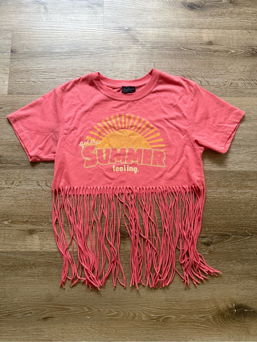 Topshop Coral 'Summer Feeling' Fringe Crop Tee